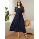 Plus Size Dark Blue  Puff Sleeve Solid Dress