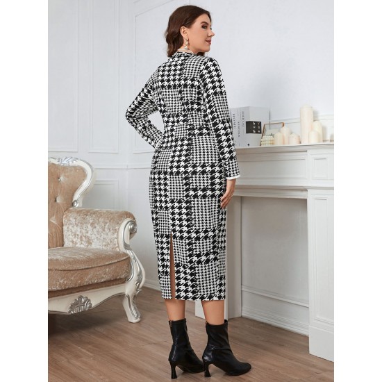 Plus Size  Houndstooth Button V-Neck Knit Dress