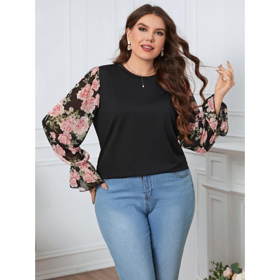 Plus Size Black  Floral Bishop Sleeve Top