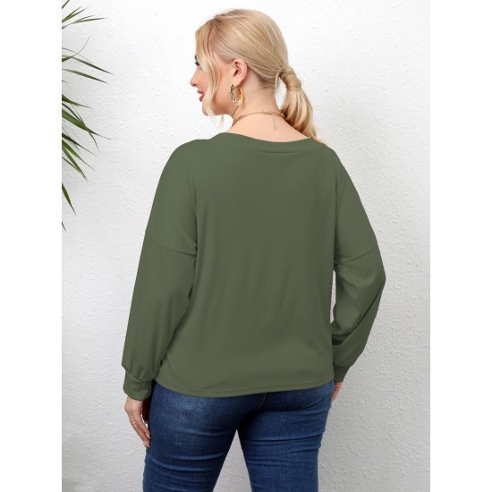 Plus Size Solid Twisted Boatneck Long Sleeve Tops