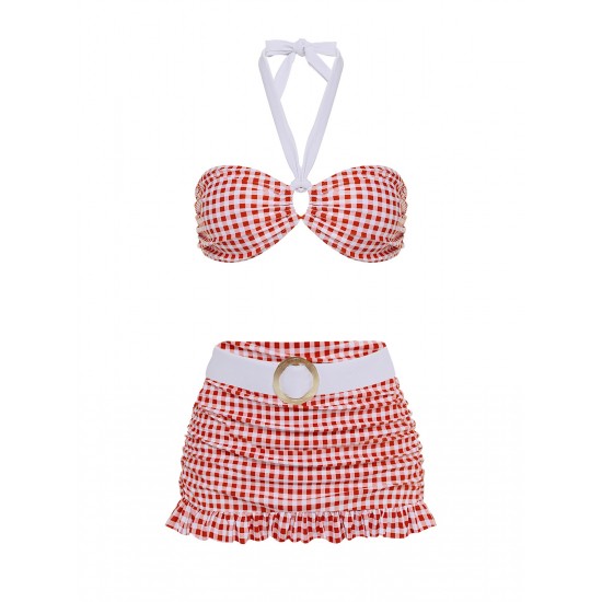  Red  Plaid Halter Bikini Set