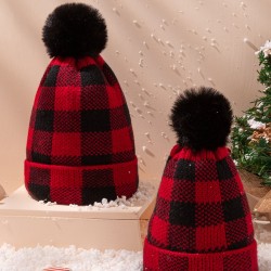 Red & Black Plaid Hairball Knitted Child Hat