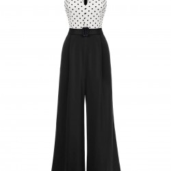  Polka Dot Patchwork Belt Jumpsuit