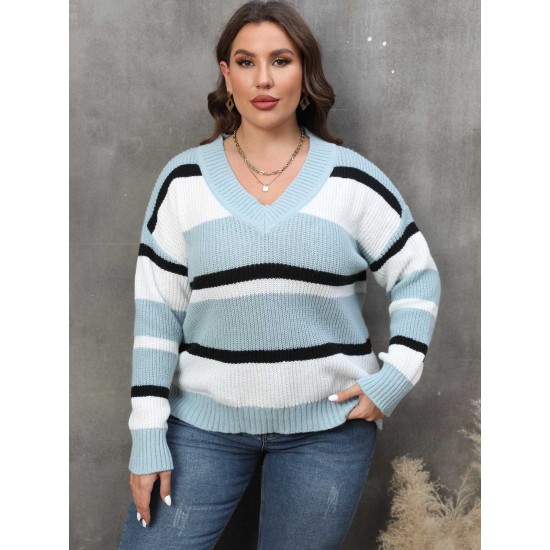 Plus Size  Yarn-Dyed Jacquard Striped Sweater