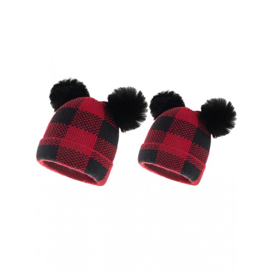 Red & Black Plaid Hairball Knitted Child Hat