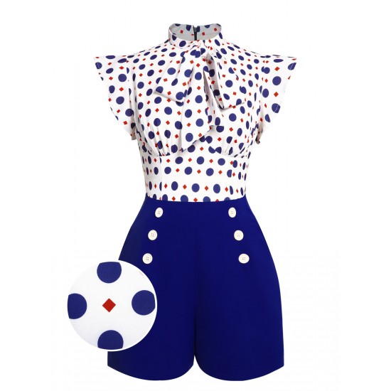 Blue  Polka Dot Buttoned Romper