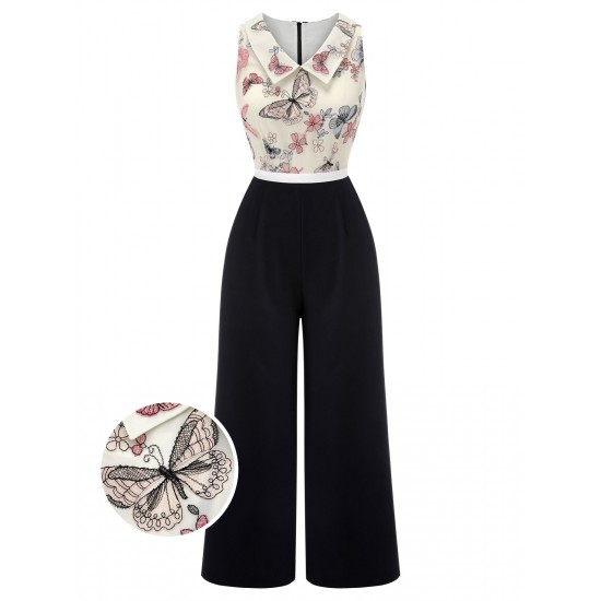 Black & White  Lapel Floral Butterfly Jumpsuit