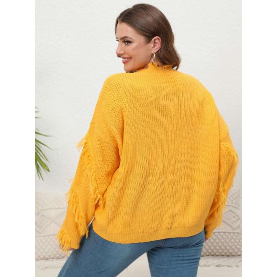 Plus Size Yellow  V-Neck Tassel Loose Sweater