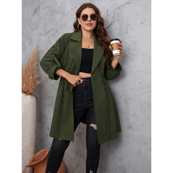 Plus Size Army Green  Solid Lapel Coat