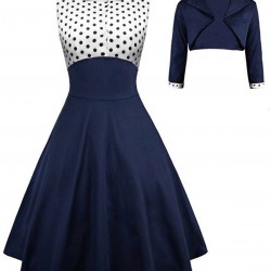 2PCS Navy  Polka Dot Swing Dress