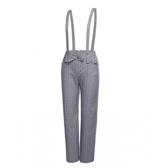 Gray  Plaids Suspender Pants