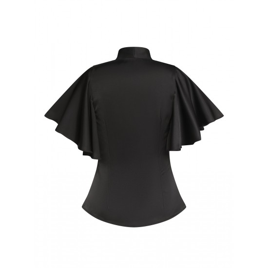 Black  Solid Ruffled-Sleeve Blouse