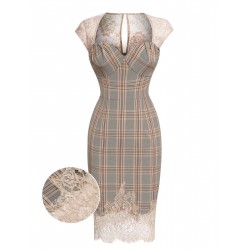 Gray  Plaid Lace Pencil Dress